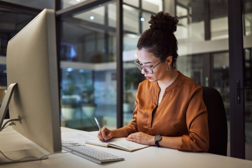 woman focused on work and tracking time