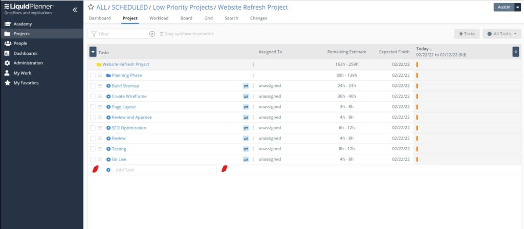 liquidplanner dashboard of task views