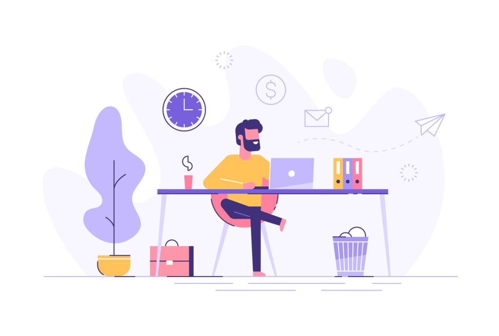 Illustrated graphic of a man working at a desk in a home office with icons listed for money, time, mail, and more. As a profession, project management is in a constant state of evolution. The future of project management is being shaped by these 5 factors: