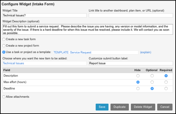 Intake widget configure