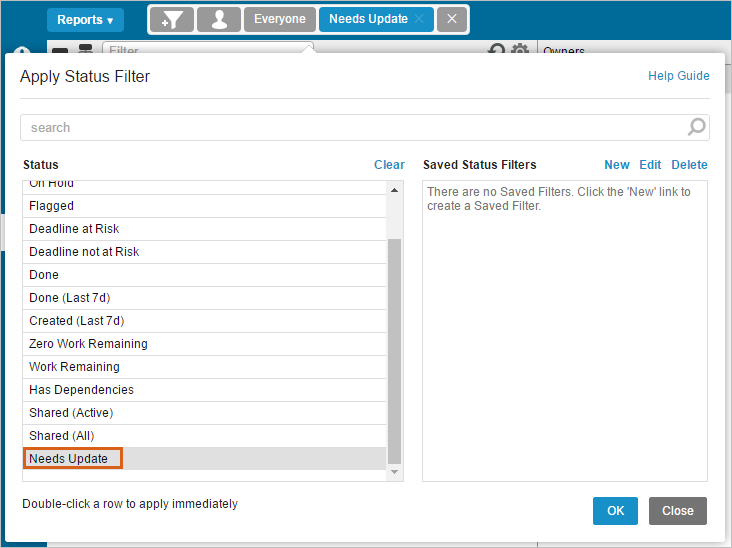 Filter by Status - Needs Update Request Update status filter