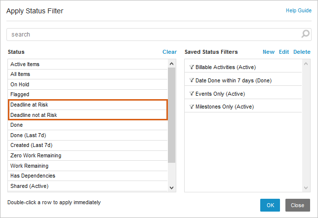 Status Filter - Deadline at risk & Deadline not at Risk
