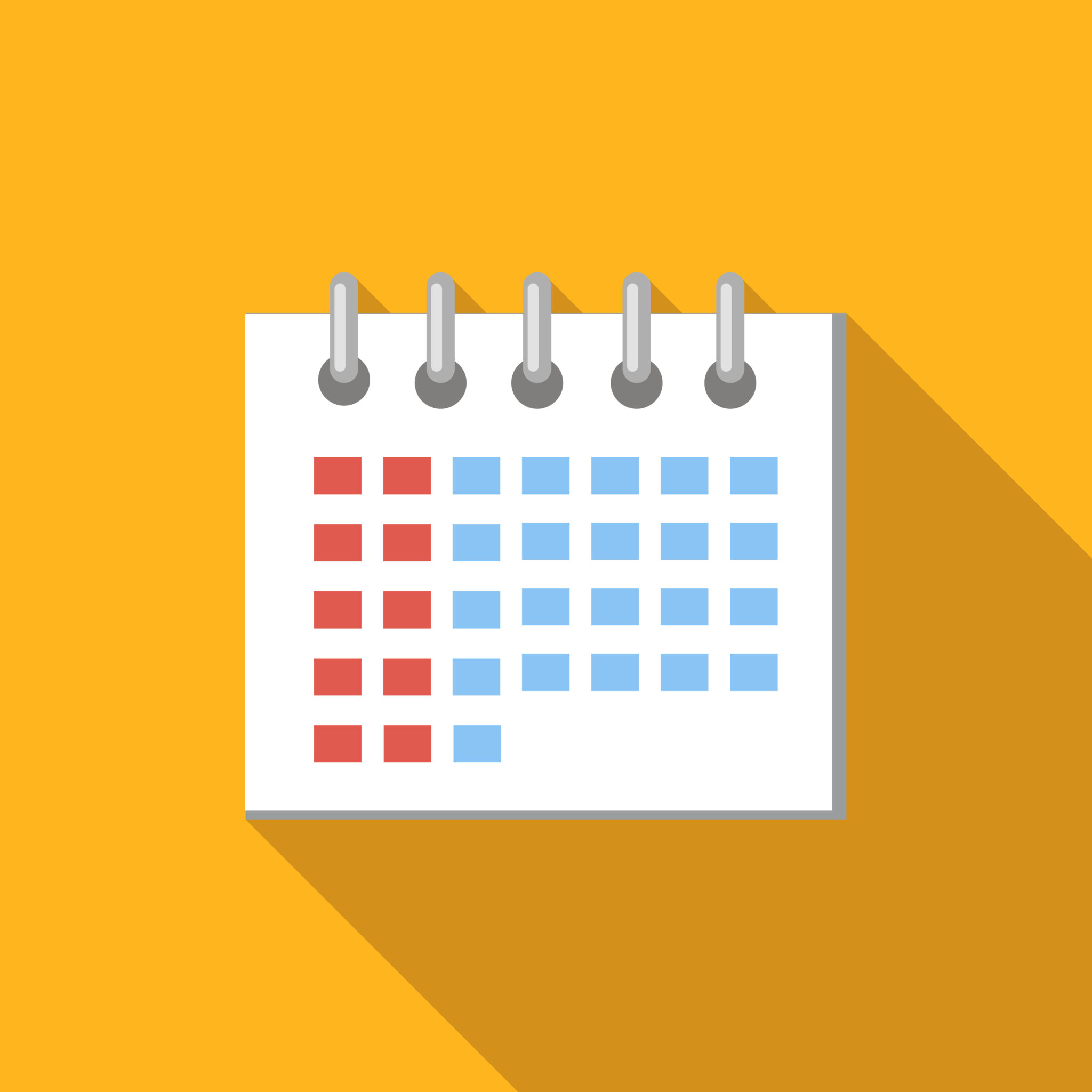 Calendar flat icon, colored flat image with long shadow on yellow background