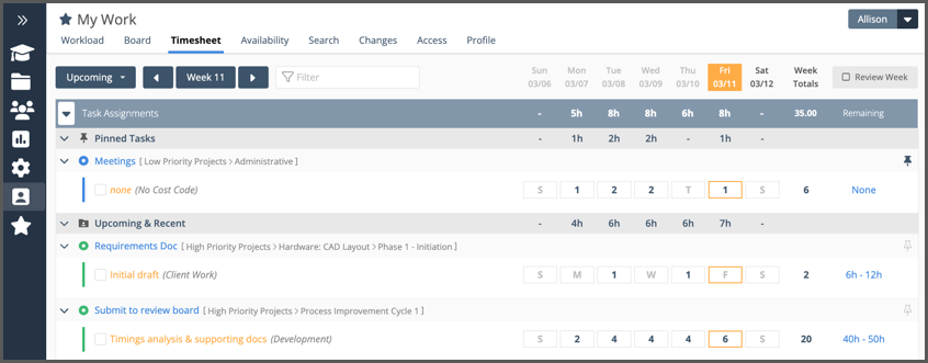 liquidplanner timesheets view