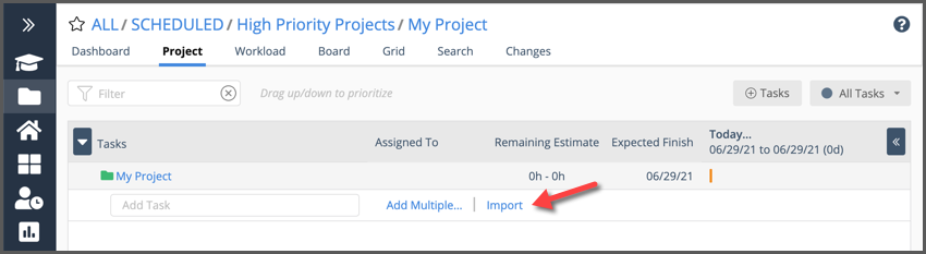 Pick a project folder and click "Import" for excel