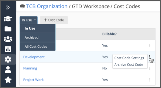 Cost Code Settings Table 