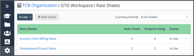 Rate Sheet Settings Table