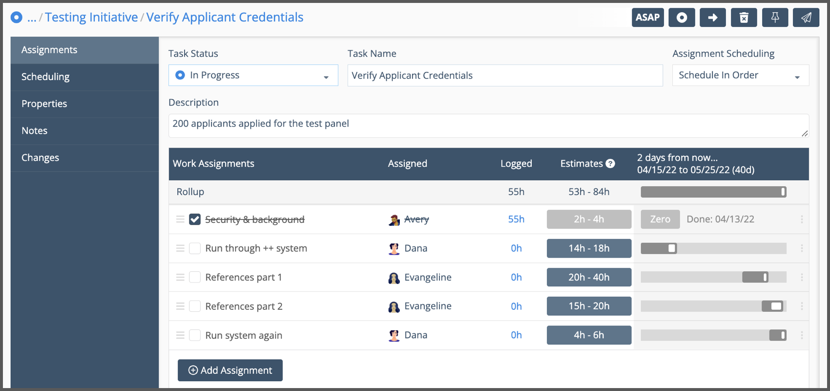 assignments and tasks Assign, log progress and estimate on the Task Edit Panel