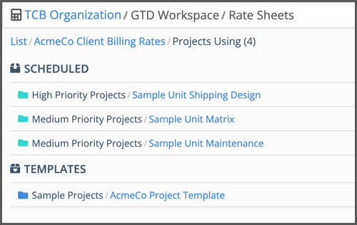 See which projects use the Rate Sheet