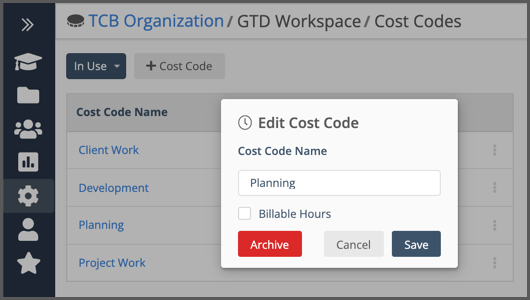 Cost Code Settings 