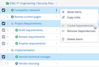 Project view with task checkboxes checked and right click menu displayed