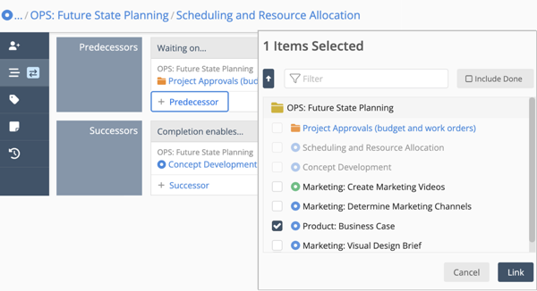 Dependency modal open on the Edit Panel Scheduling tab