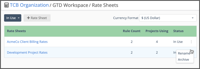 Change Rate Sheet name or status