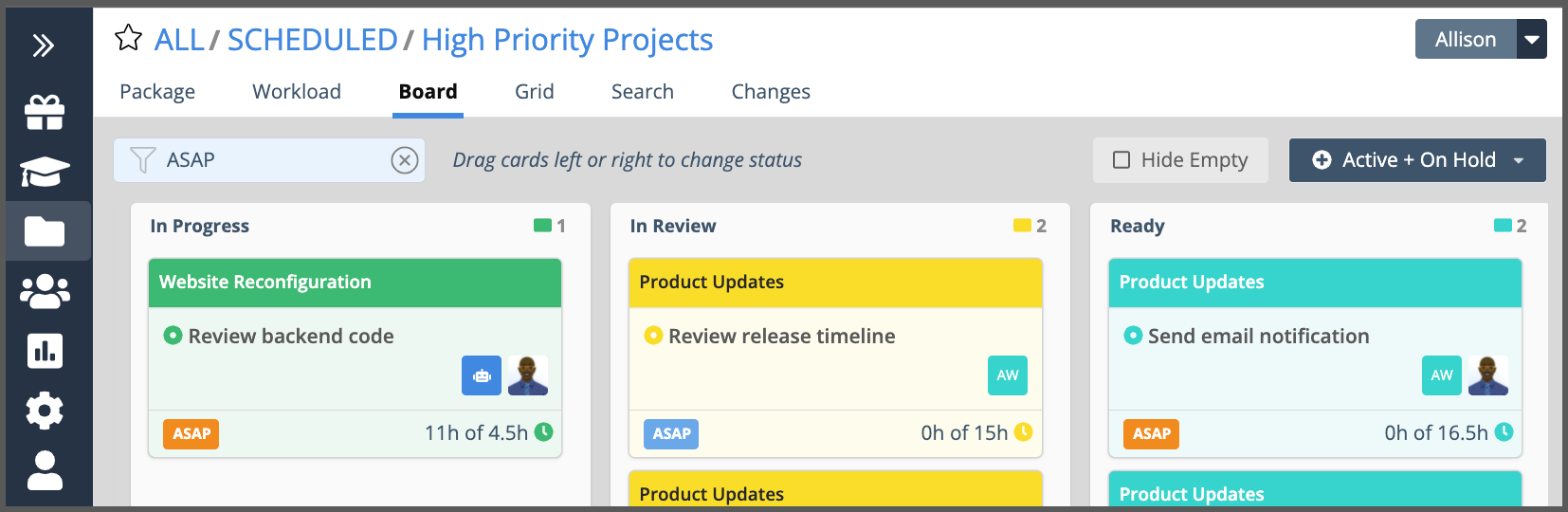 board filters and settings view in liquidplanner