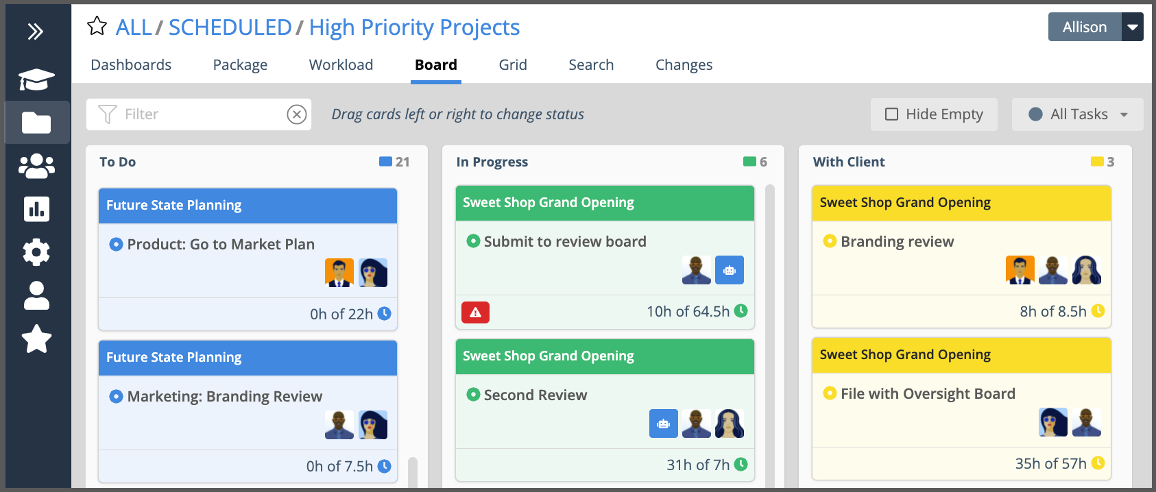 liquidplanner board view and task management in cards