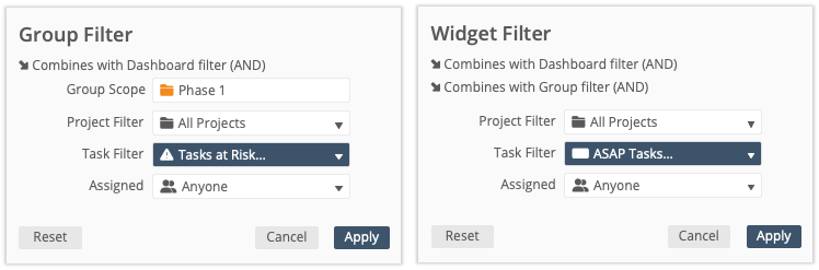 Project Dashboard Filter Settings example