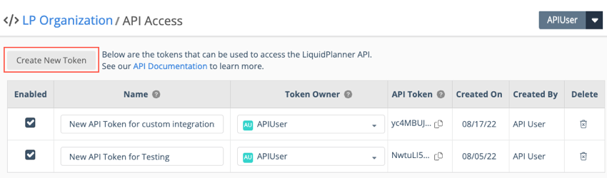 API Access Token Page in LiquidPlanner New