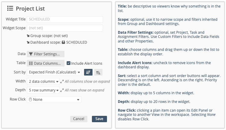 List Widget Settings and Definitions