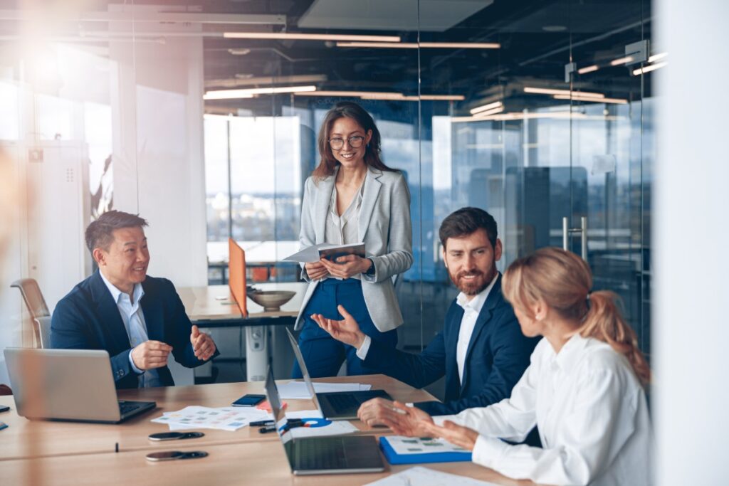 group of employees engaged in positive discussion