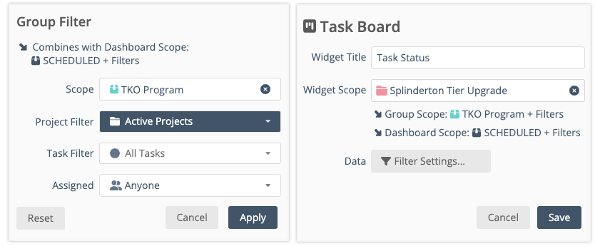 dashboard filtering settings custom fields