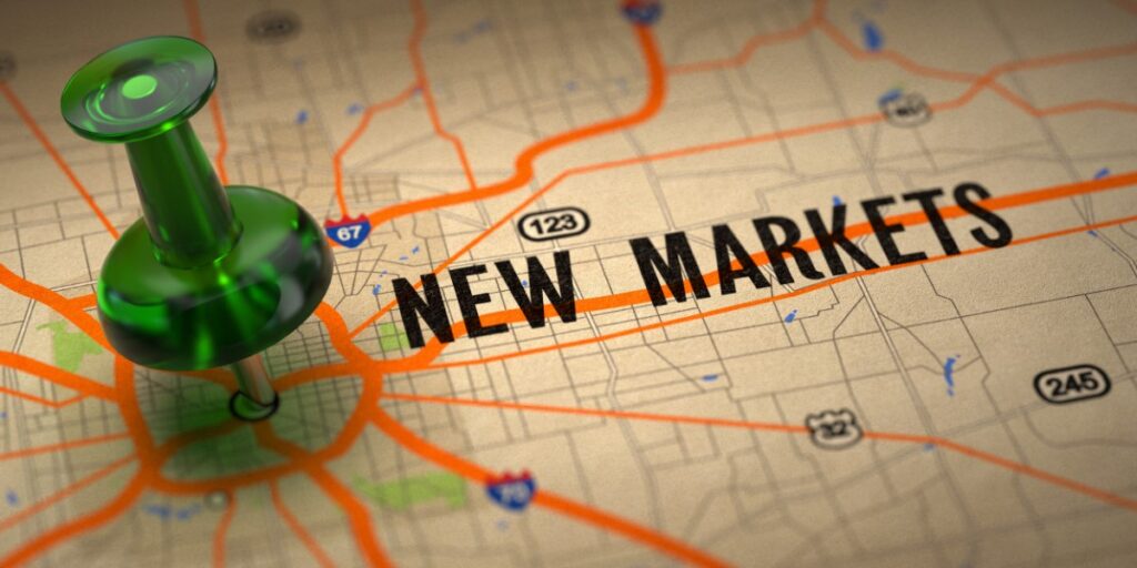 map depicting new markets trend with a pin