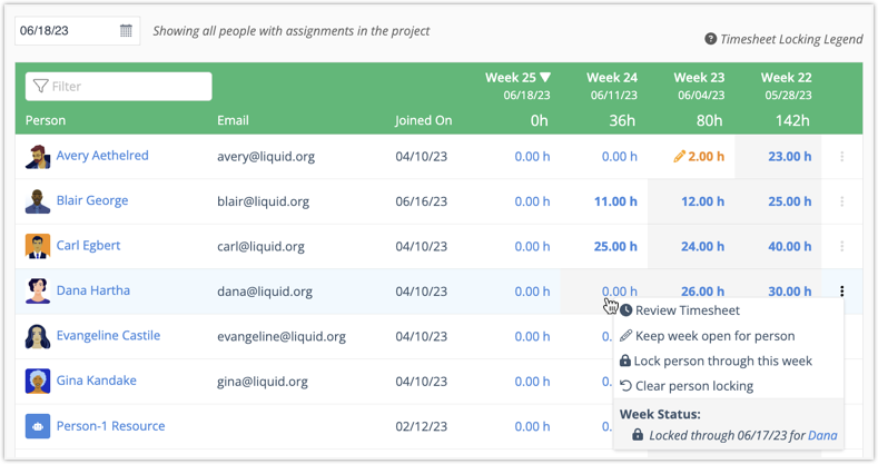 Shows Time View with right click menu options for locking employee's timesheets