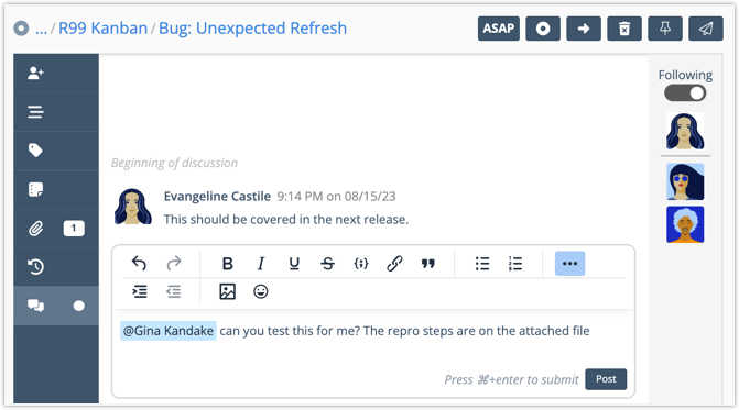 ui screenshot of discussions in LiquidPlanner